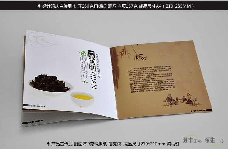 產(chǎn)品宣傳冊(cè) 封面250克銅版紙覆亮膜，成品尺寸橫版A4(210*285MM)